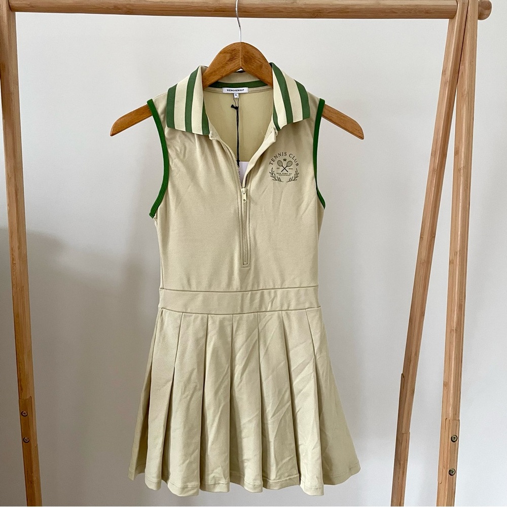 NWT We Wore What Varsity Stripe Zipper Front Pleated Tennis Dress Court Green XS